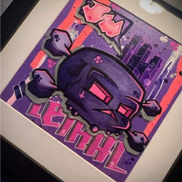 Original Art - Lethal Lavender - Graffiti Style Skull Art on Canvas Board Framed - Picture 3 of 4
